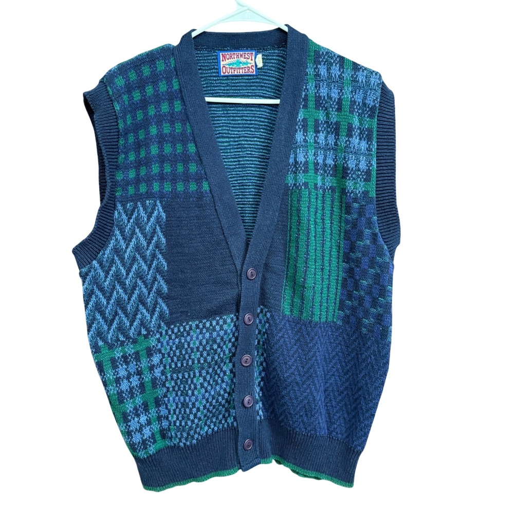 Northwest Outfitters Vintage Knit Sweater‎ Vest Blue Green Patchwork Large